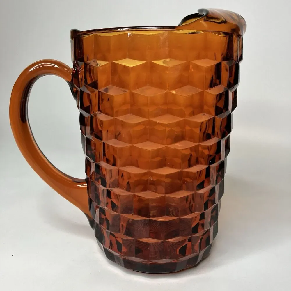 Vtg Indiana Glass Amber Cubist Pitcher 8 1/2